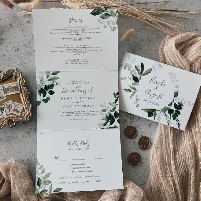 Emerald Greenery | Leaf Back Wedding All in one Dreifach Gefaltete Einladung (Von Creator hochgeladen)