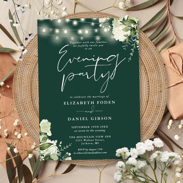 Emerald Greenery Lights Wedding Abend Party Einladung (Emerald Greenery Lights Wedding Evening Party Invitation)