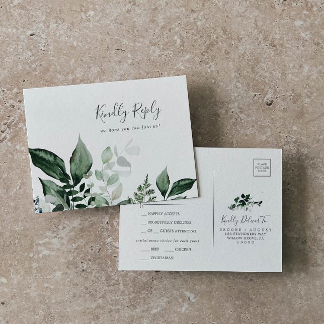 Emerald Greenery Menu Choice Wedding RSVP Postcard Einladungspostkarte (Von Creator hochgeladen)