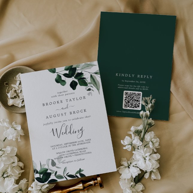 Emerald Greenery Moody Blätter QR Code UAWG Weddin Einladung (Emerald Greenery Moody Leaves QR Code RSVP Wedding Invitation)