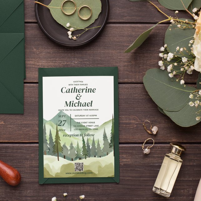 Emerald Greenery Mountain Rustic QR Code Wedding Einladung (Von Creator hochgeladen)