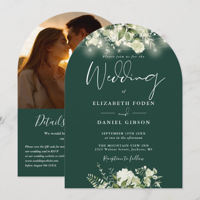 Emerald Greenery QR Code Foto Arch Wedding Einladung (Vorne/Hinten)
