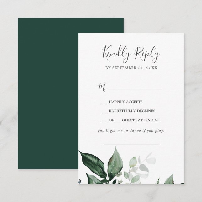 Emerald Greenery Song Request Wedding RSVP Card Karte (Vorne/Hinten)