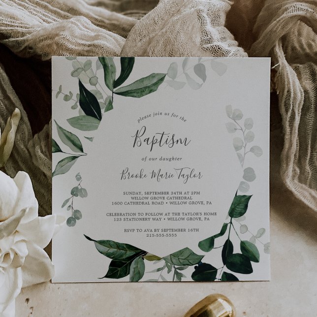 Emerald Greenery Square Taufe Einladung (Von Creator hochgeladen)