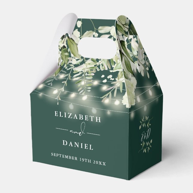 Emerald Greenery String Lights Monogram Wedding Geschenkschachtel (Vorderseite)