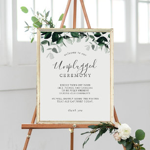 Emerald Greenery Unplugged Ceremony Sign Poster