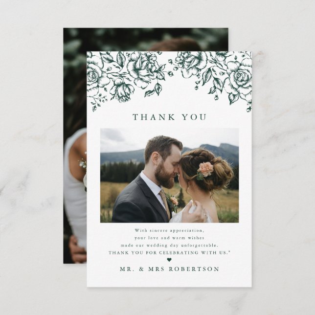 Emerald Greenery Vintag Botanical Simple Wedding Dankeskarte (Vorne/Hinten)