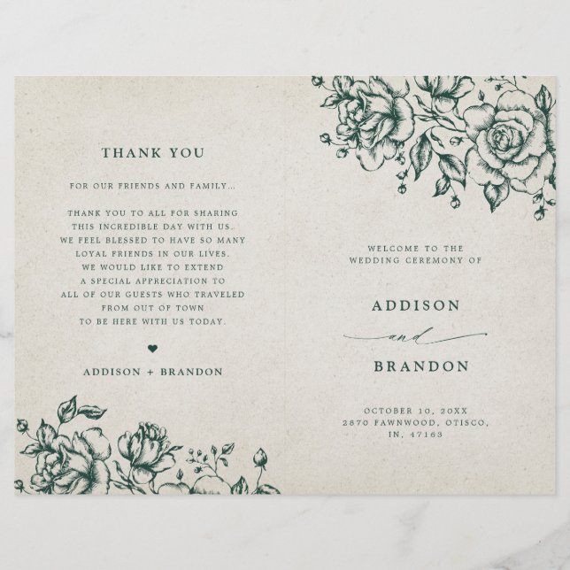 Emerald Greenery Vintag Botanical Wedding Program (Vorderseite)