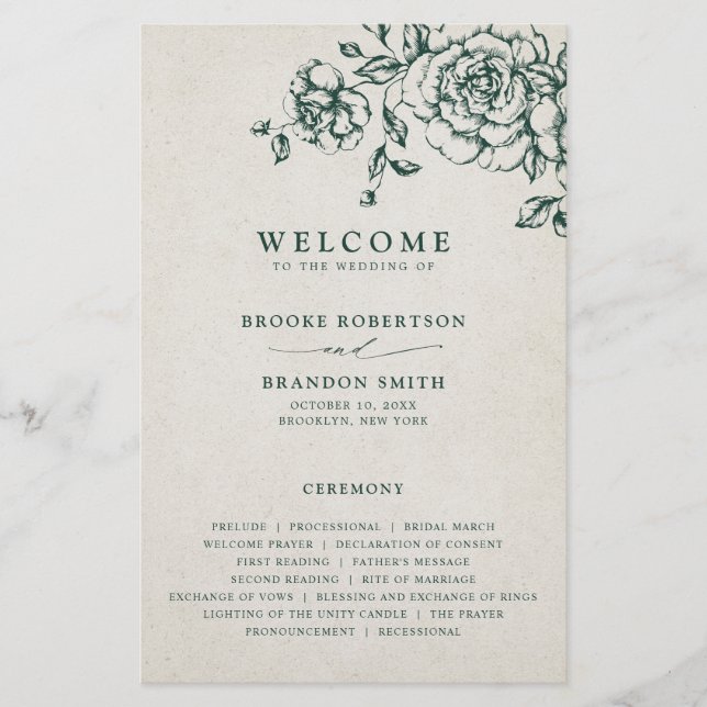 Emerald Greenery Vintag Botanical Wedding Program (Vorderseite)
