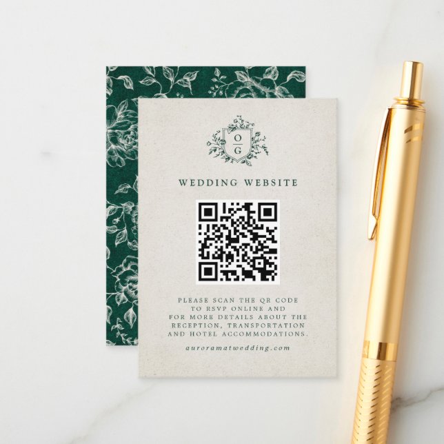 Emerald Greenery Vintag Botanical Wedding Website Begleitkarte (Vorderseite/Rückseite Beispiel)