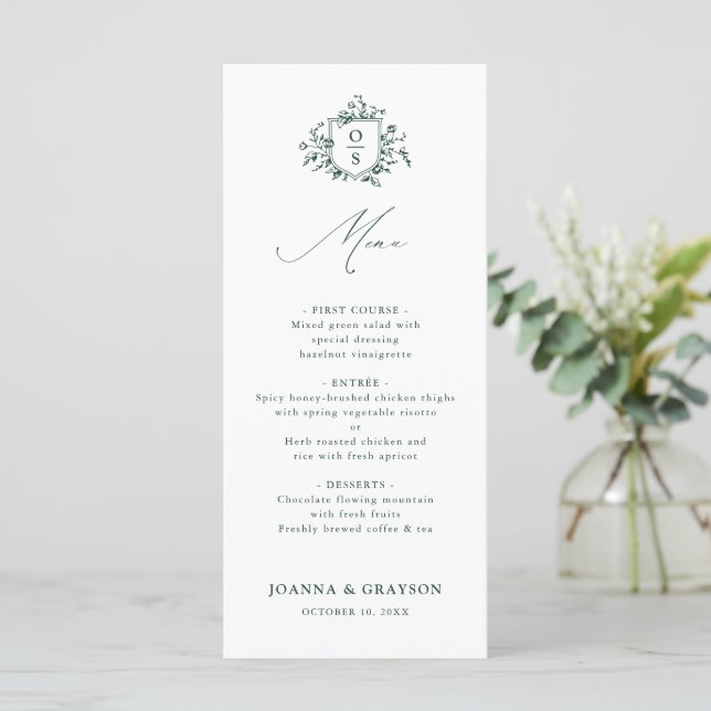 Emerald Greenery Vintag Botanische Hochzeit Menükarte (Stehend Vorderseite)