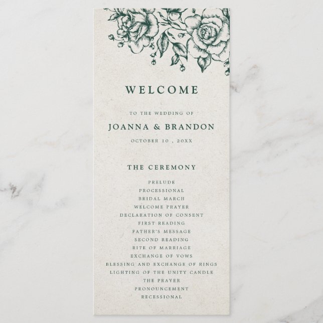 Emerald Greenery Vintag Botanische Hochzeit Programm (Vorderseite)