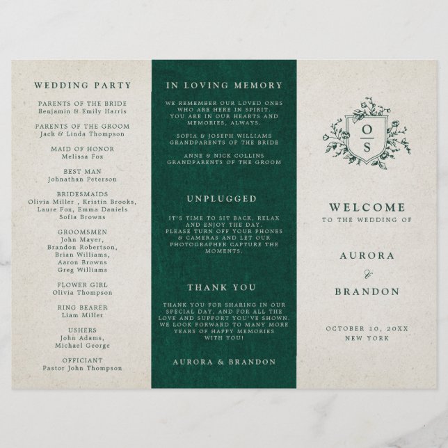 Emerald Greenery Vintage Botanical Wedding Program (Vorderseite)