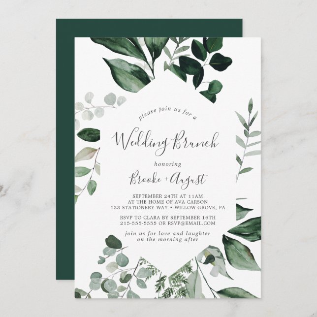 Emerald Greenery Wedding Brunch Einladung (Vorne/Hinten)