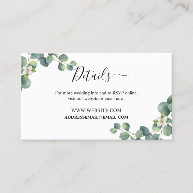 Emerald Greenery Wedding Website Details Card Visitenkarte (Vorderseite)