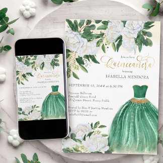 Emerald Greenery White Peony Princess Quinceanera Einladung