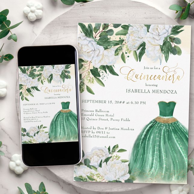 Emerald Greenery White Peony Princess Quinceanera Einladung (Princess Gown quinceanera invitation from my Emerald Greenery and White Peony Collection)