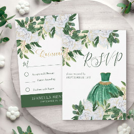 Emerald Greenery White Peony Quinceanera Princess RSVP Karte