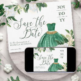Emerald Greenery White Peony Quinceanera Princess Save The Date