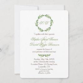 Emerald Greenery Wreath Monogram Wedding Einladung
