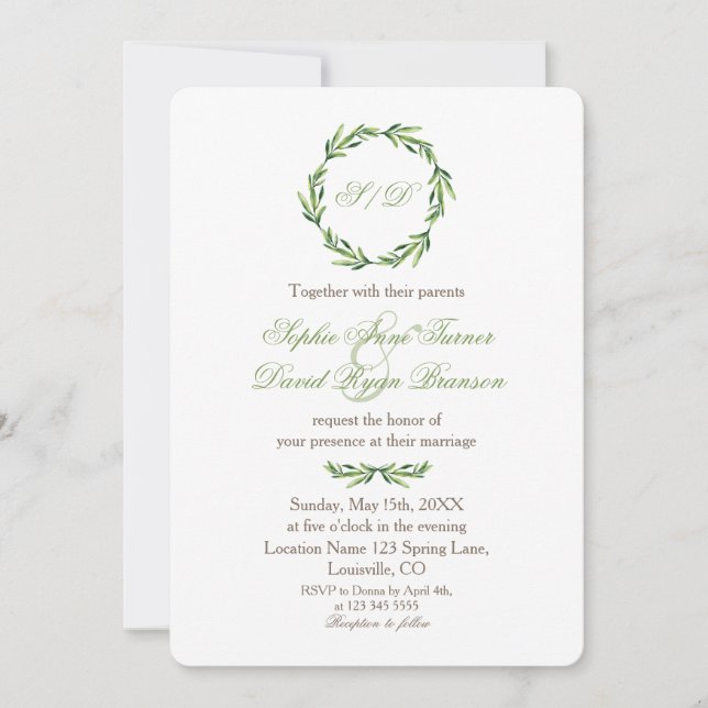 Emerald Greenery Wreath Monogram Wedding Einladung (Vorderseite)