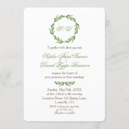Emerald Greenery Wreath Monogram Wedding Einladung