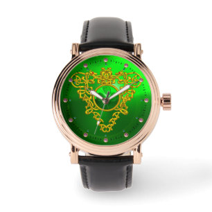 EMERALD GRÜNES KLEEBLATT UND KELTISCHE HERZEN GOLD ARMBANDUHR