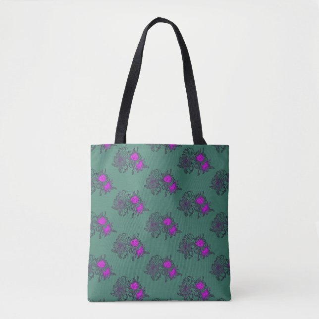 „Emerald Harmony – Lila Chrysanthemen-Tasche“ (Vorderseite)