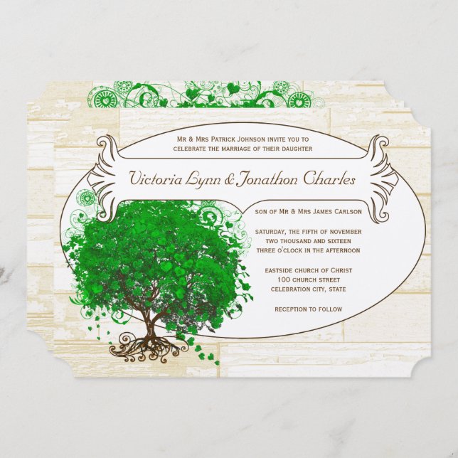Emerald Heart Leaf Tree Barn Wood Wedding Einladung (Vorne/Hinten)
