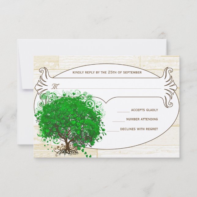 Emerald Heart Leaf Tree Barn Wood Wedding RSVP (Vorderseite)