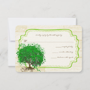 Emerald Heart Leaf Tree Barn Wood Wedding RSVP Karte