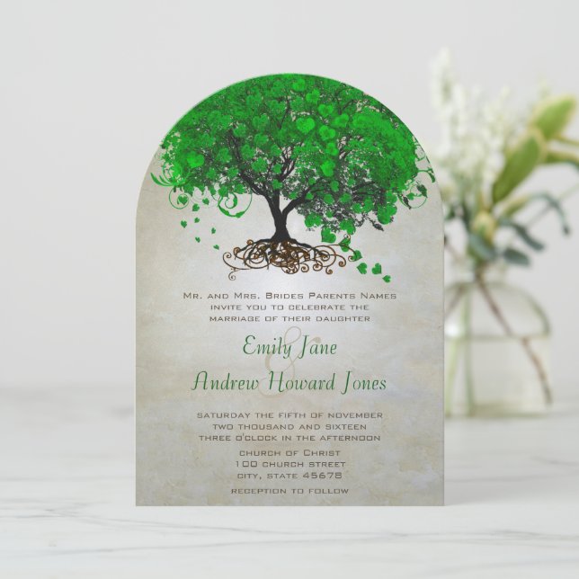 Emerald Heart Leaf Tree Wedding Invites Einladung (Stehend Vorderseite)