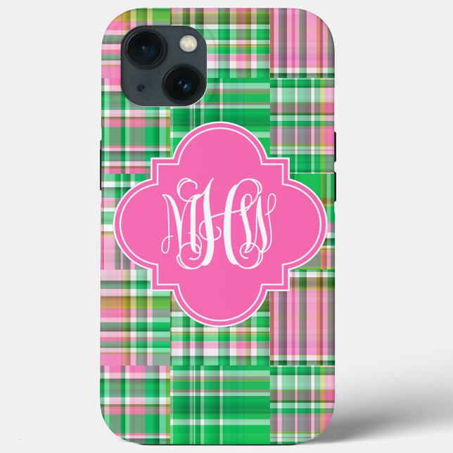 Emerald Hot Pink Madras Vine Script Monogram Case-Mate iPhone Hülle (Von Creator hochgeladen)