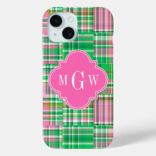 Emerald Hot Pink Preppy Patchwork Madras Monogram iPhone 15 Hülle