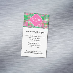 Emerald Hot Pink Preppy Patchwork Madras Monogram Magnetische Visitenkarte