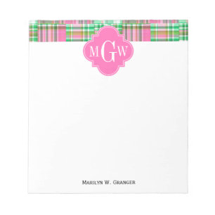 Emerald Hot Pink Preppy Patchwork Madras Monogram Notizblock