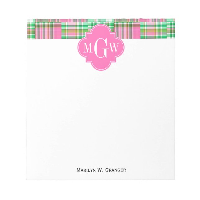 Emerald Hot Pink Preppy Patchwork Madras Monogram Notizblock (Vorderseite)