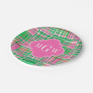 Emerald Hot Pink Preppy Patchwork Madras Monogram Pappteller