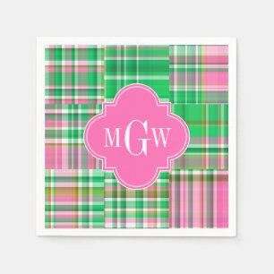 Emerald Hot Pink Preppy Patchwork Madras Monogram Serviette