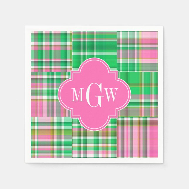 Emerald Hot Pink Preppy Patchwork Madras Monogram Serviette (Vorderseite)