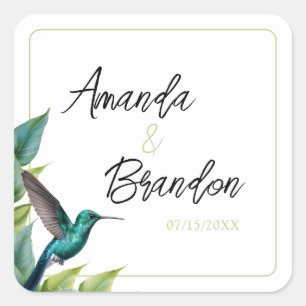 Emerald Hummingbird Tropical Blätter Wedding Quadratischer Aufkleber