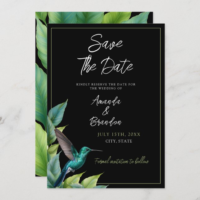 Emerald Hummingbird Tropical Blätter Wedding Save The Date (Vorne/Hinten)