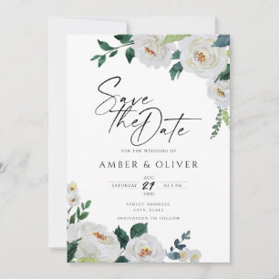 Emerald Ivory White Elegant Floral Save the Date Einladung