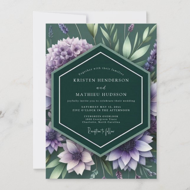 Emerald-Lila Botanische Hochzeit Einladung (Vorderseite)