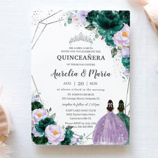 Emerald Lila Floral Twins Quinceañera Silver Einladung (Von Creator hochgeladen)