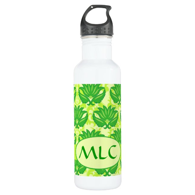 Emerald Lime Green Art Nouveau Damask Monogram Trinkflasche (Vorderseite)