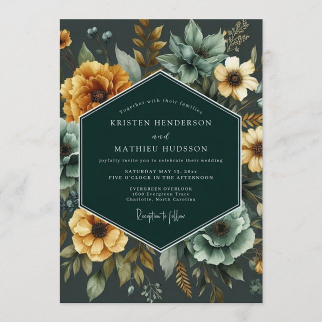 Emerald & Marigold Lush Botanical Wedding Einladung (Vorderseite)