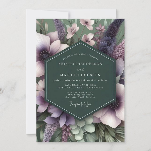 Emerald Mauve Artful Flora Wedding Einladung (Vorderseite)
