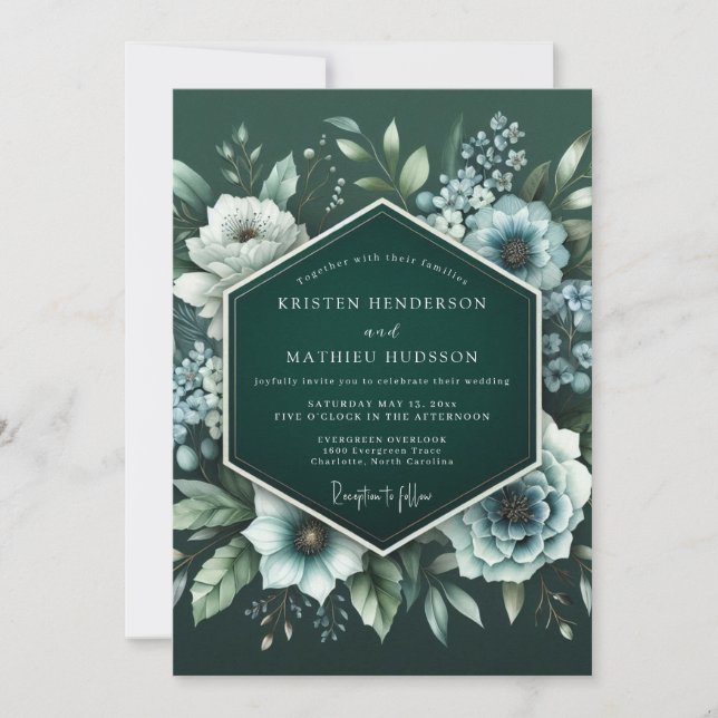 Emerald Midnight Bloom Wedding Einladung (Vorderseite)