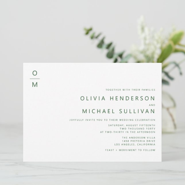 Emerald Minimalistisch Typografy Monogram Wedding Einladung (Stehend Vorderseite)